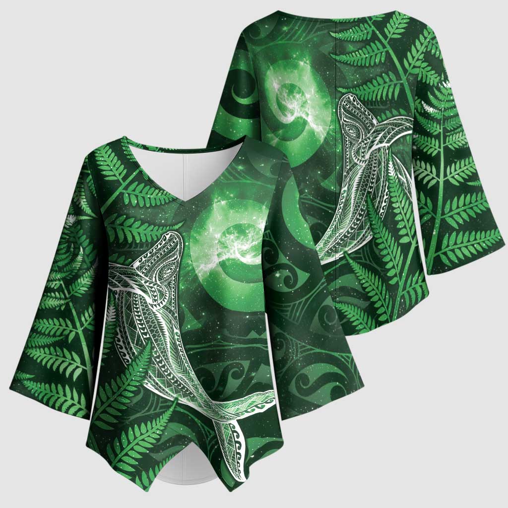 New Zealand Matariki Kimono Sleeve Blouse Maori Koru With Humpback Whale Green