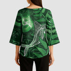 New Zealand Matariki Kimono Sleeve Blouse Maori Koru With Humpback Whale Green