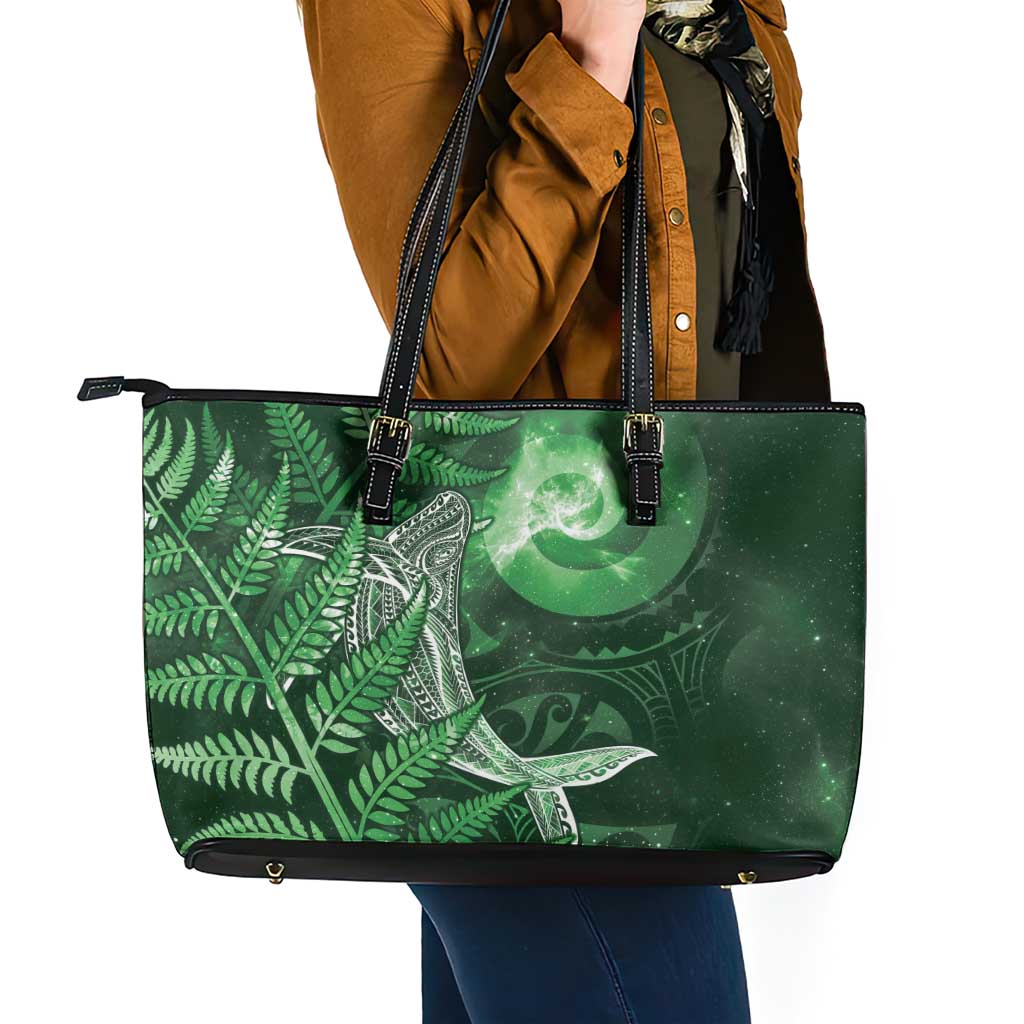 New Zealand Matariki Leather Tote Bag Maori Koru With Humpback Whale Green
