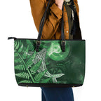 New Zealand Matariki Leather Tote Bag Maori Koru With Humpback Whale Green