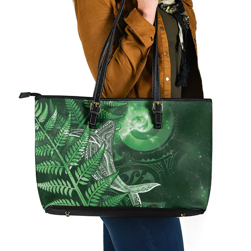 New Zealand Matariki Leather Tote Bag Maori Koru With Humpback Whale Green