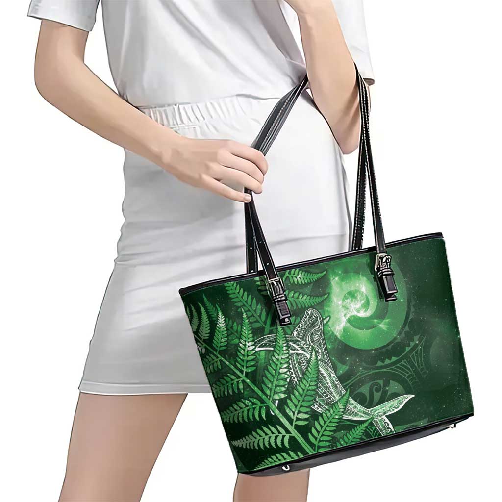 New Zealand Matariki Leather Tote Bag Maori Koru With Humpback Whale Green