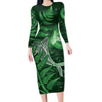 New Zealand Matariki Long Sleeve Bodycon Dress Maori Koru With Humpback Whale Green