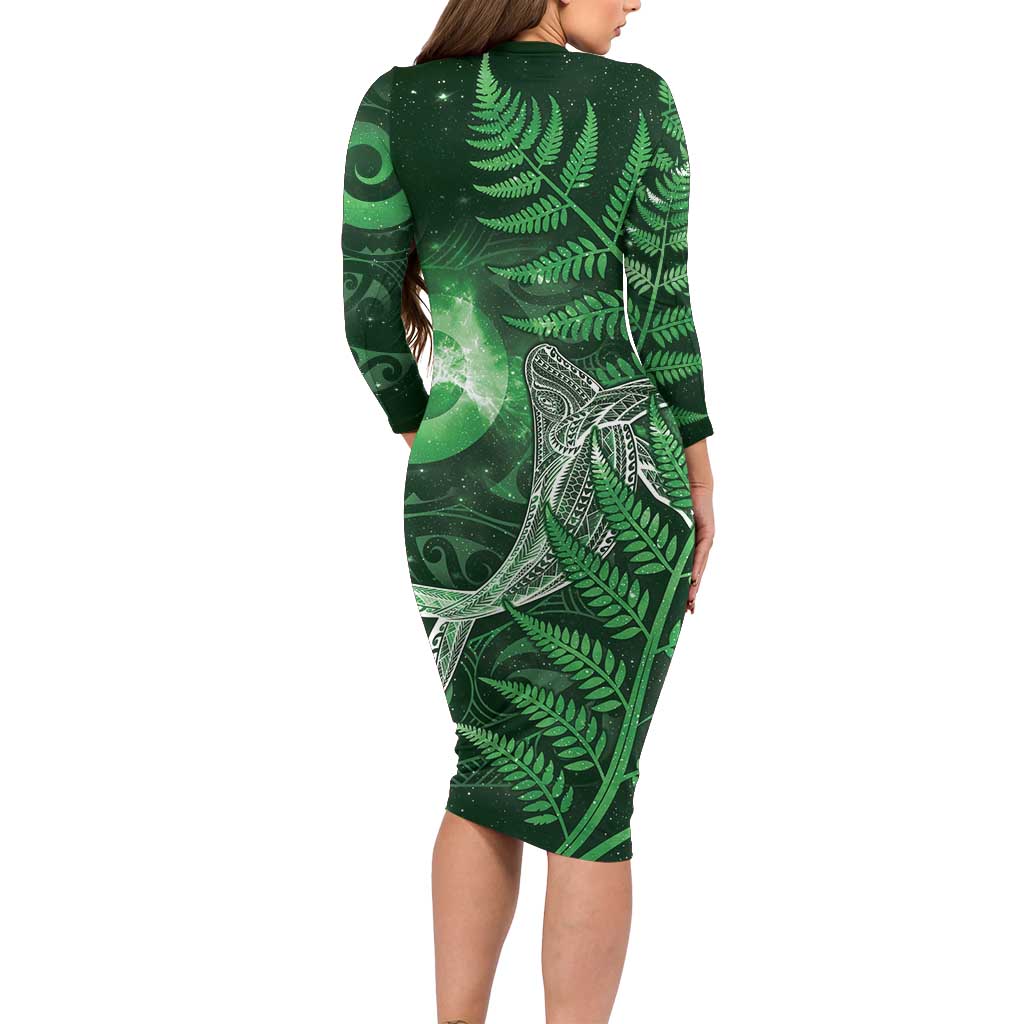 New Zealand Matariki Long Sleeve Bodycon Dress Maori Koru With Humpback Whale Green