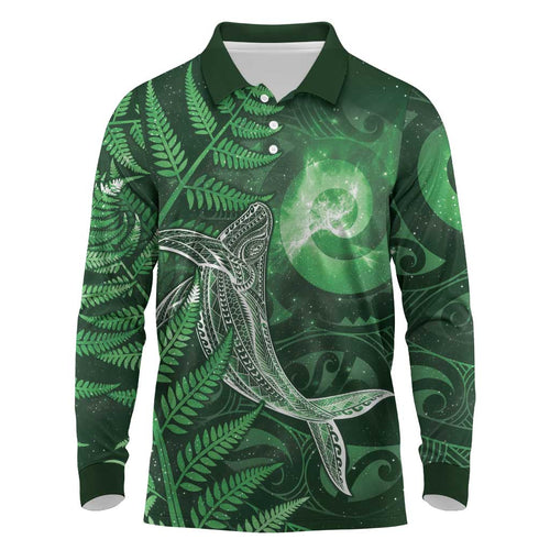 New Zealand Matariki Long Sleeve Polo Shirt Maori Koru With Humpback Whale Green
