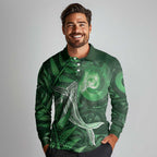 New Zealand Matariki Long Sleeve Polo Shirt Maori Koru With Humpback Whale Green