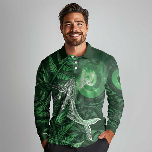 New Zealand Matariki Long Sleeve Polo Shirt Maori Koru With Humpback Whale Green