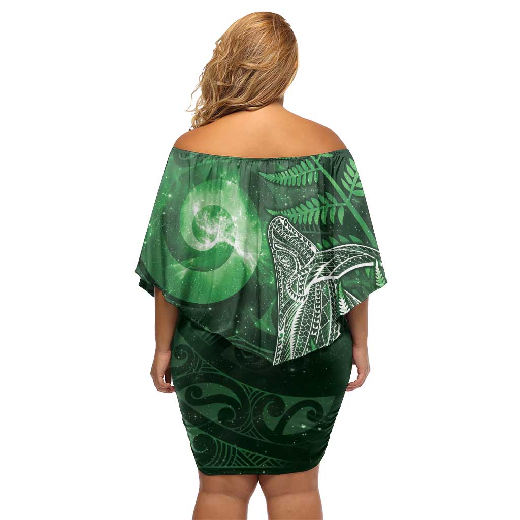 New Zealand Matariki Off Shoulder Short Dress Maori Koru With Humpback Whale Green