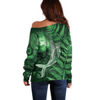 New Zealand Matariki Off Shoulder Sweater Maori Koru With Humpback Whale Green