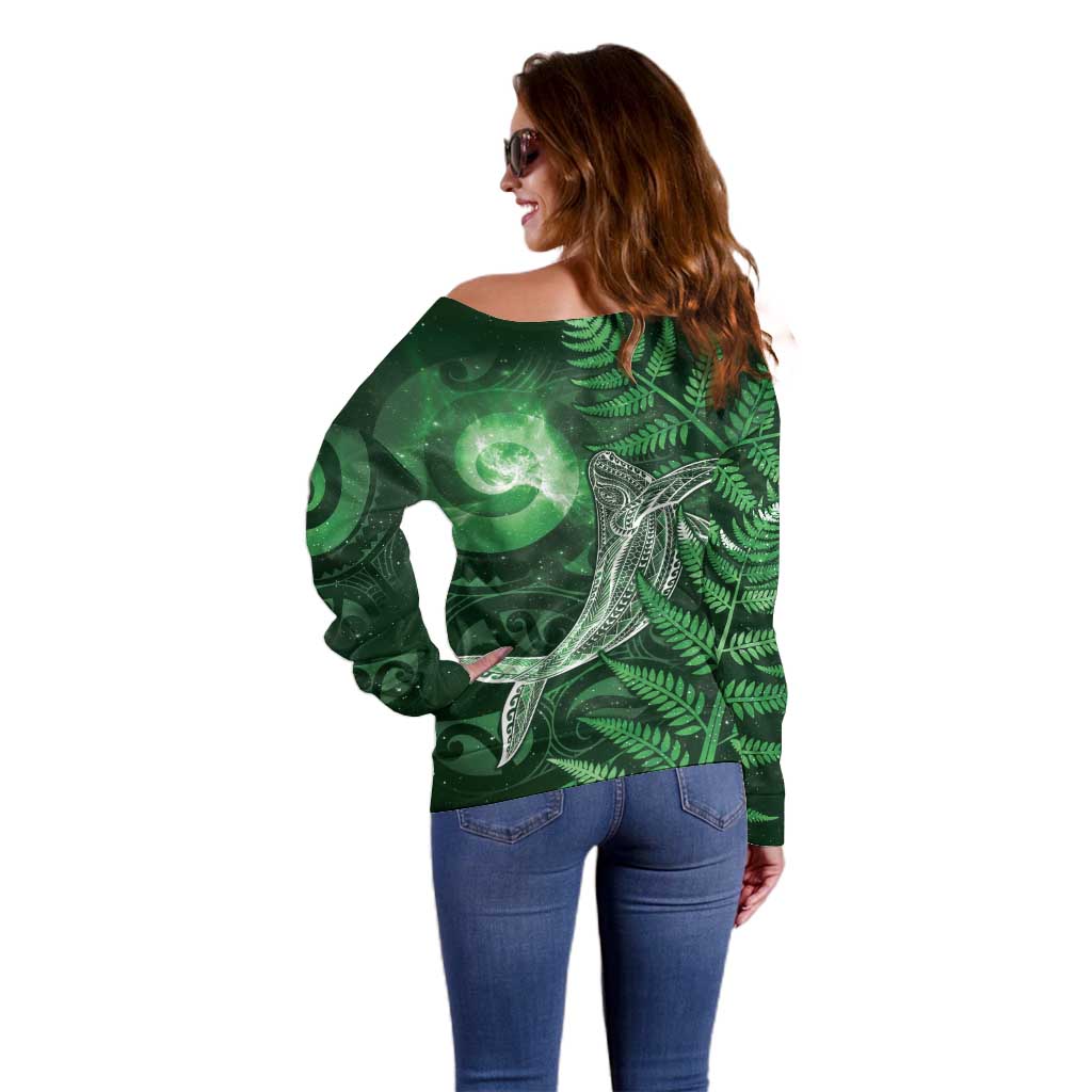 New Zealand Matariki Off Shoulder Sweater Maori Koru With Humpback Whale Green