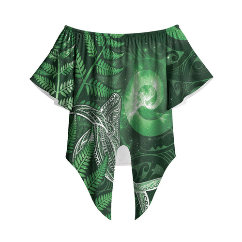 New Zealand Matariki Off Shoulder Wrap Waist Top Maori Koru With Humpback Whale Green