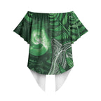 New Zealand Matariki Off Shoulder Wrap Waist Top Maori Koru With Humpback Whale Green