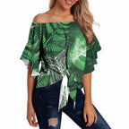 New Zealand Matariki Off Shoulder Wrap Waist Top Maori Koru With Humpback Whale Green