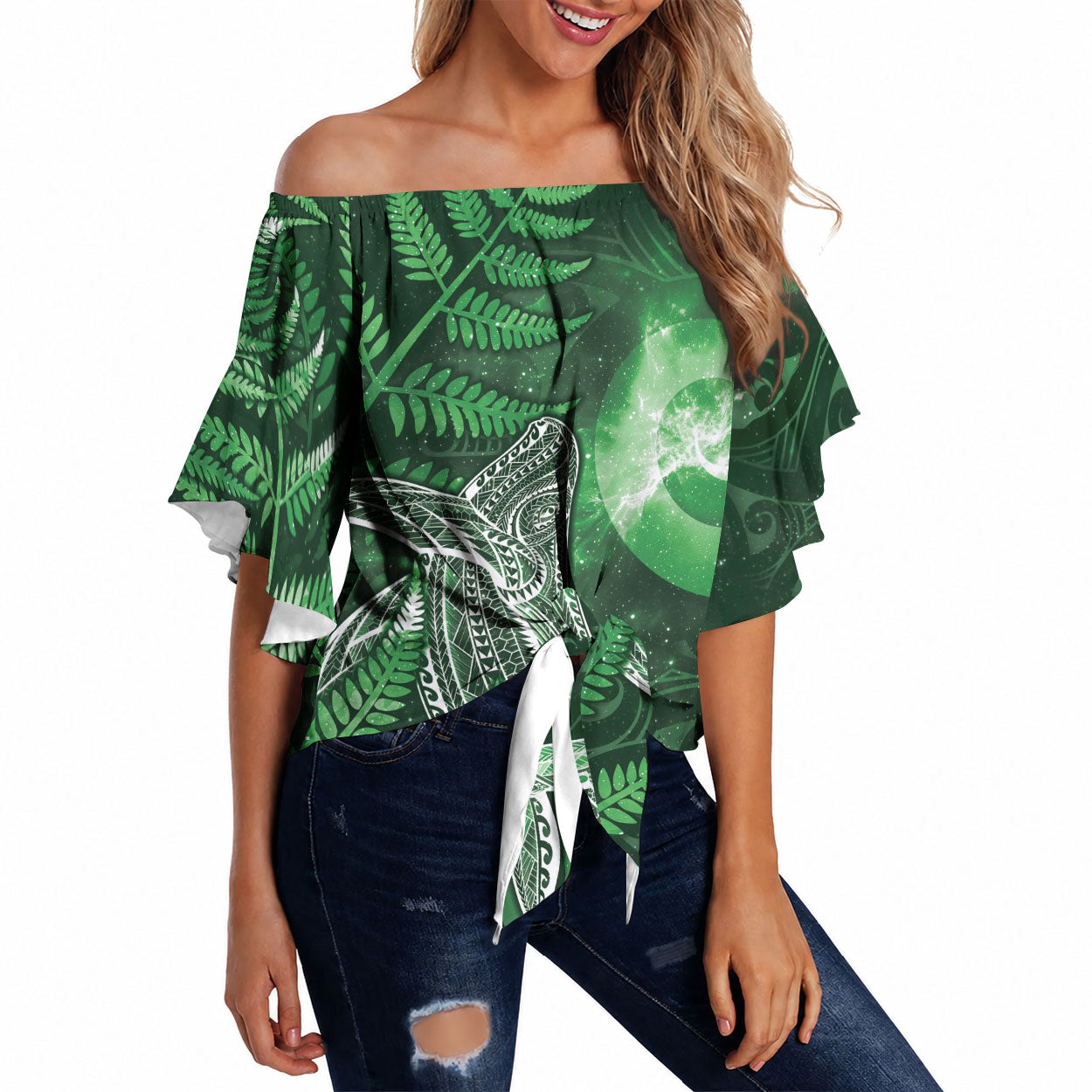 New Zealand Matariki Off Shoulder Wrap Waist Top Maori Koru With Humpback Whale Green