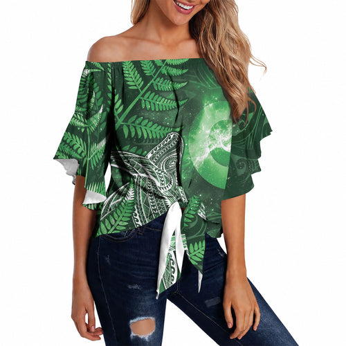 New Zealand Matariki Off Shoulder Wrap Waist Top Maori Koru With Humpback Whale Green