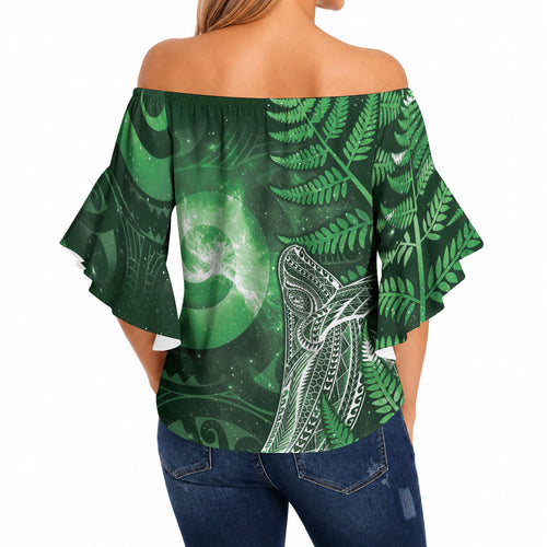 New Zealand Matariki Off Shoulder Wrap Waist Top Maori Koru With Humpback Whale Green