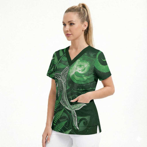 New Zealand Matariki Scrub Top Maori Koru With Humpback Whale Green