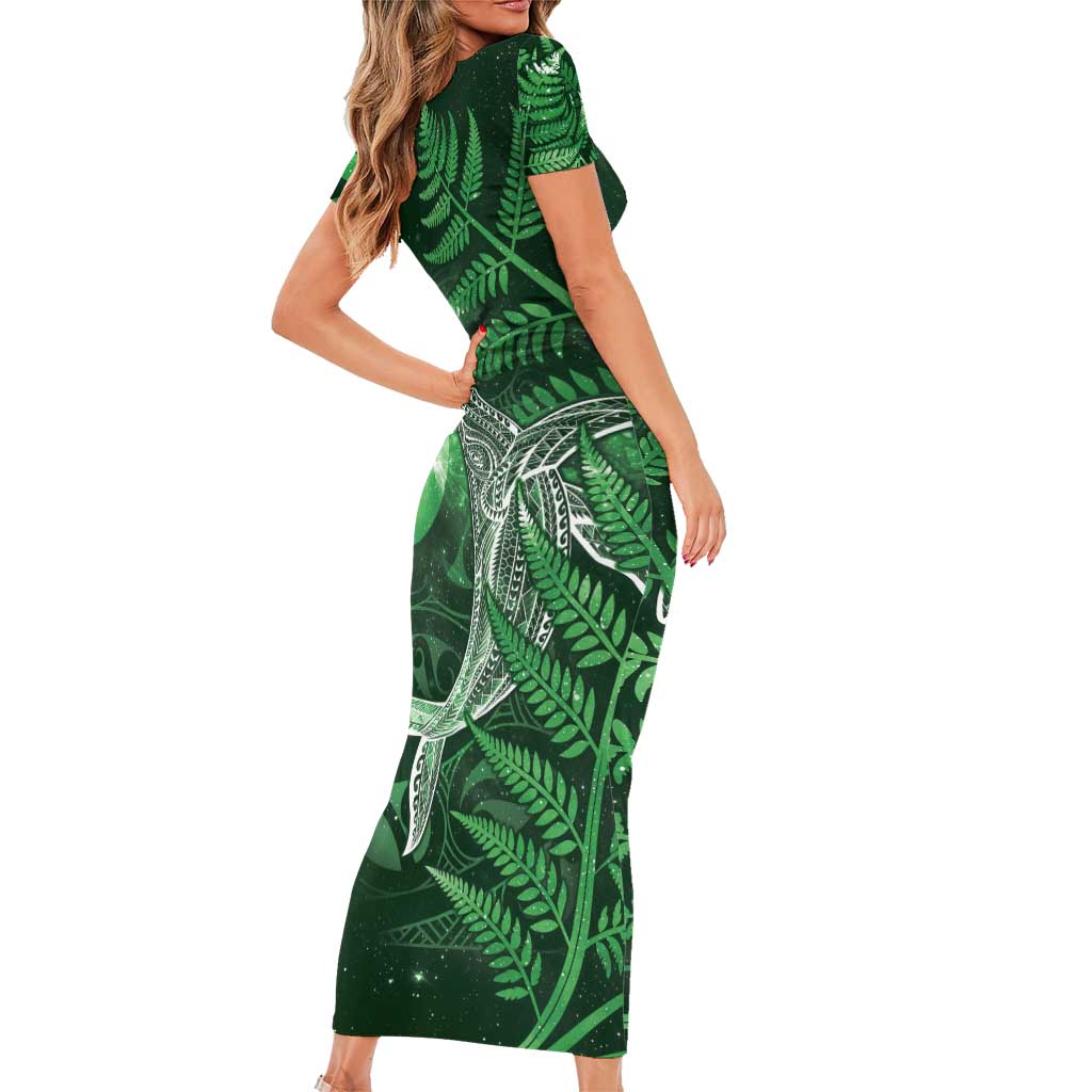 New Zealand Matariki Short Sleeve Bodycon Dress Maori Koru With Humpback Whale Green