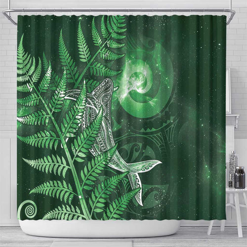 New Zealand Matariki Shower Curtain Maori Koru With Humpback Whale Green