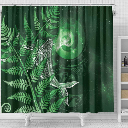 New Zealand Matariki Shower Curtain Maori Koru With Humpback Whale Green