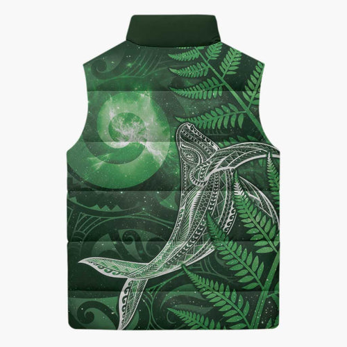 New Zealand Matariki Sleeveless Puffer Jacket Maori Koru With Humpback Whale Green