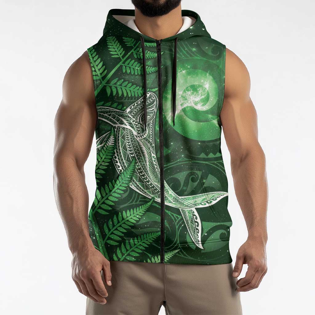 New Zealand Matariki Sleeveless Zip Hoodie Maori Koru With Humpback Whale Green