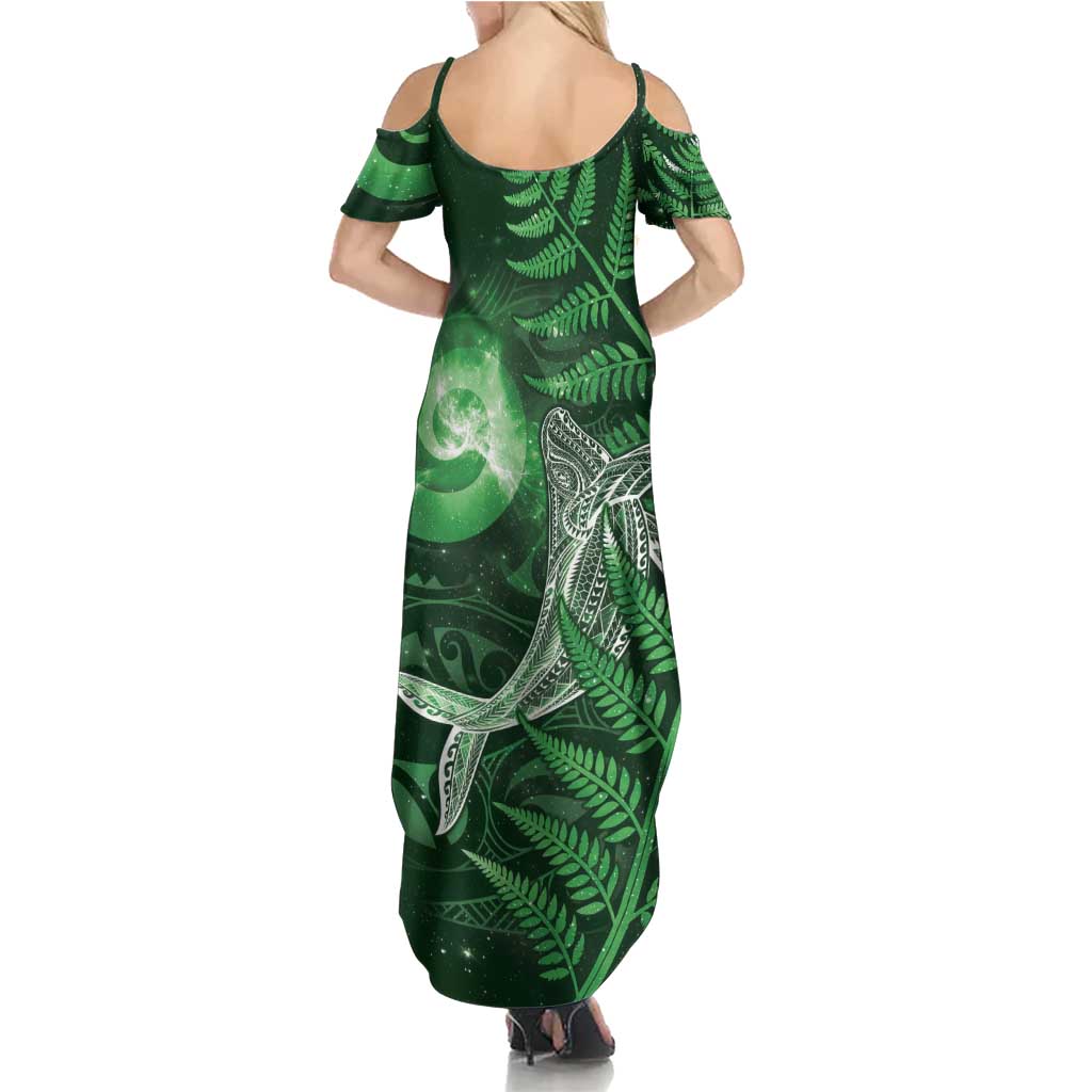 New Zealand Matariki Summer Maxi Dress Maori Koru With Humpback Whale Green