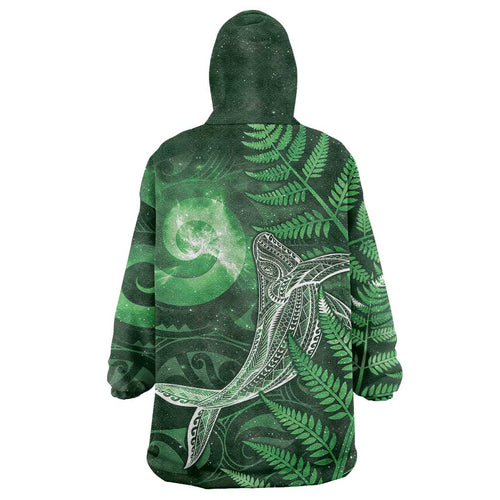 New Zealand Matariki Wearable Blanket Hoodie Maori Koru With Humpback Whale Green