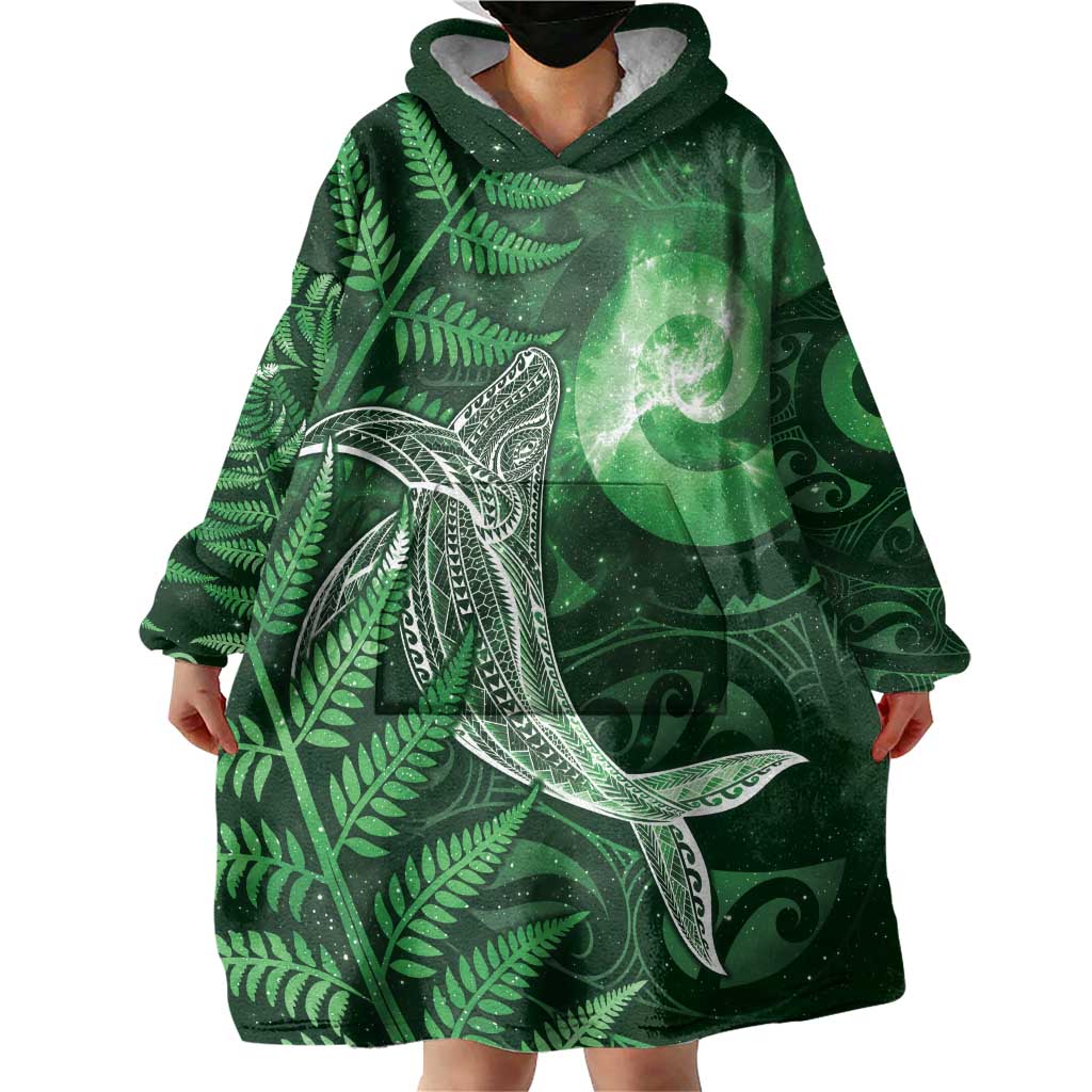New Zealand Matariki Wearable Blanket Hoodie Maori Koru With Humpback Whale Green