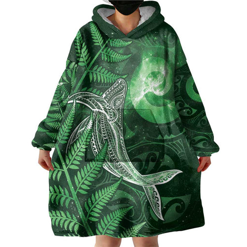 New Zealand Matariki Wearable Blanket Hoodie Maori Koru With Humpback Whale Green