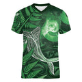 New Zealand Matariki Women V-Neck T-Shirt Maori Koru With Humpback Whale Green