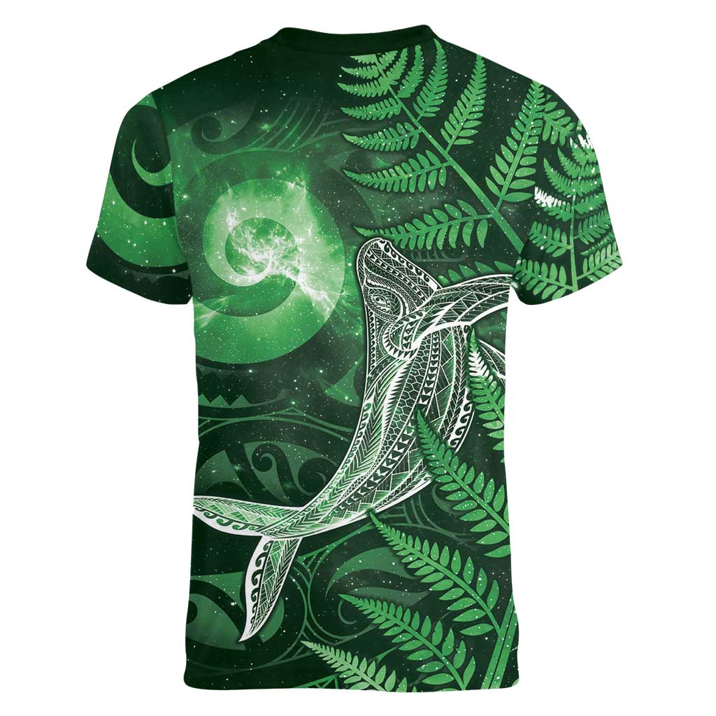 New Zealand Matariki Women V-Neck T-Shirt Maori Koru With Humpback Whale Green