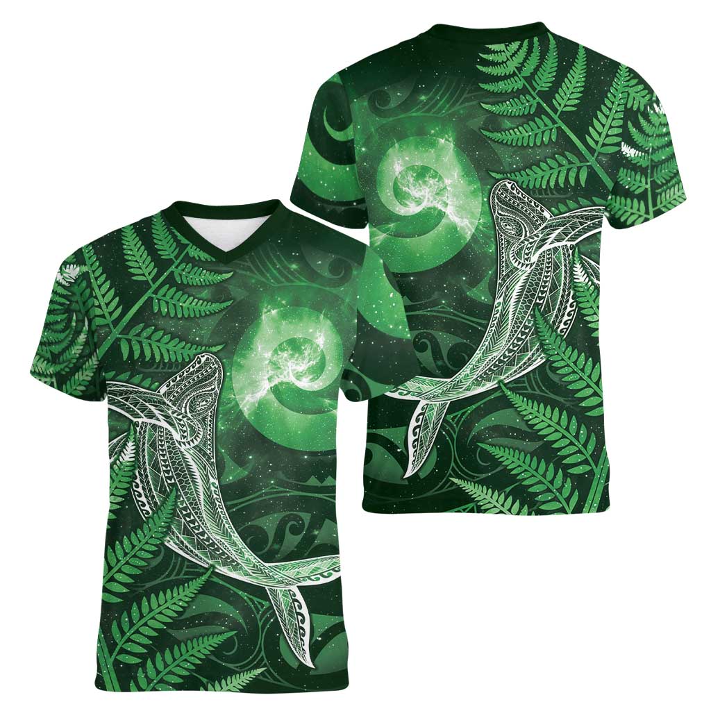 New Zealand Matariki Women V-Neck T-Shirt Maori Koru With Humpback Whale Green
