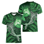 New Zealand Matariki Women V-Neck T-Shirt Maori Koru With Humpback Whale Green