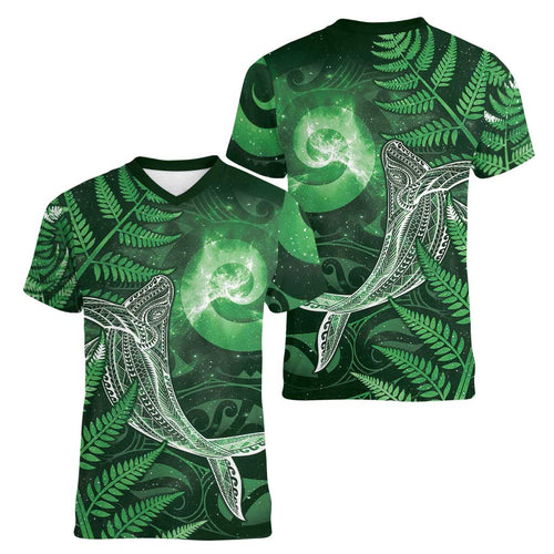 New Zealand Matariki Women V-Neck T-Shirt Maori Koru With Humpback Whale Green