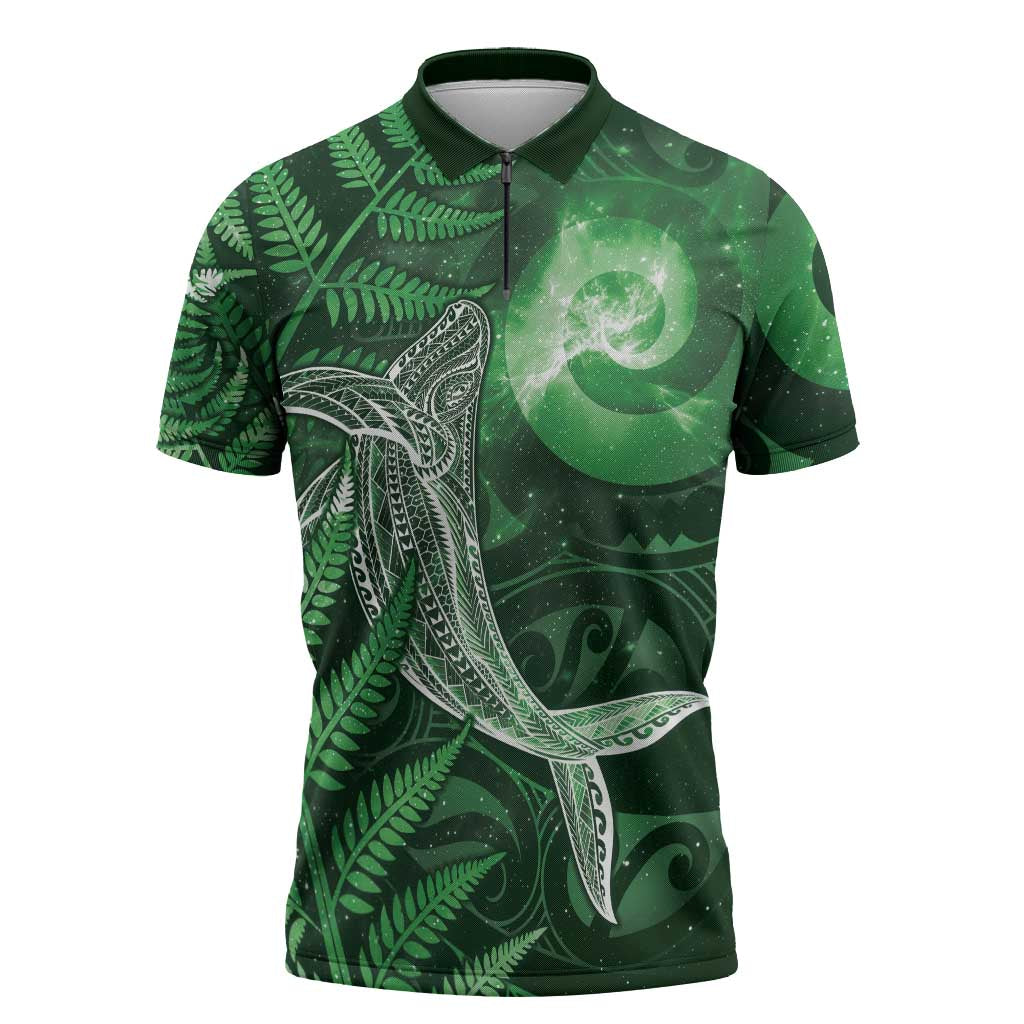 New Zealand Matariki Zipper Polo Shirt Maori Koru With Humpback Whale Green