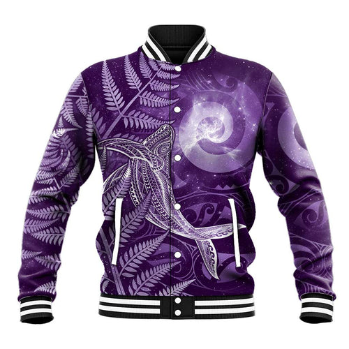 New Zealand Matariki Baseball Jacket Maori Koru With Humpback Whale Purple