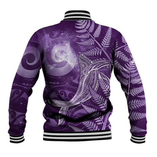 New Zealand Matariki Baseball Jacket Maori Koru With Humpback Whale Purple
