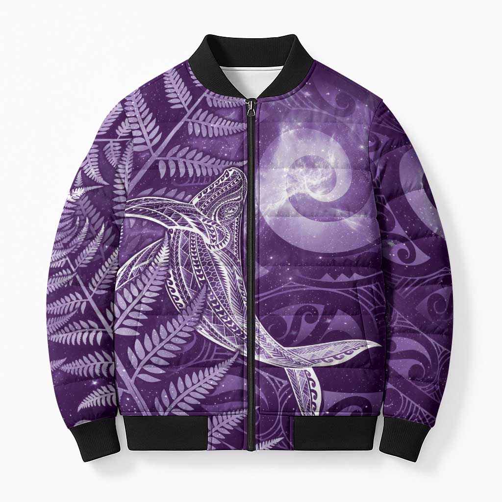New Zealand Matariki Bomber Puffer Jacket Maori Koru With Humpback Whale Purple