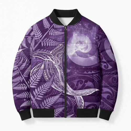 New Zealand Matariki Bomber Puffer Jacket Maori Koru With Humpback Whale Purple