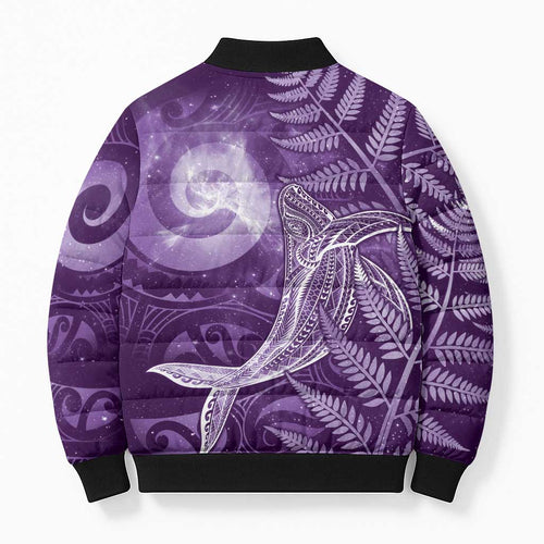 New Zealand Matariki Bomber Puffer Jacket Maori Koru With Humpback Whale Purple