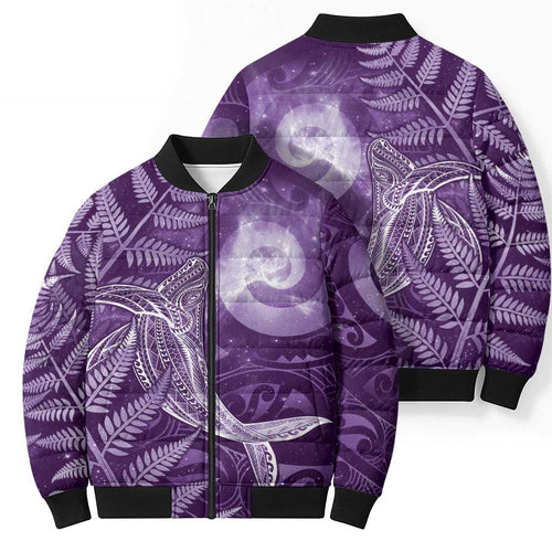 New Zealand Matariki Bomber Puffer Jacket Maori Koru With Humpback Whale Purple