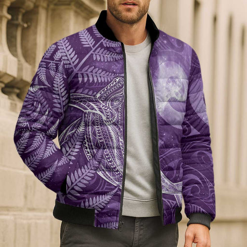 New Zealand Matariki Bomber Puffer Jacket Maori Koru With Humpback Whale Purple