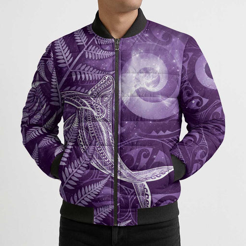 New Zealand Matariki Bomber Puffer Jacket Maori Koru With Humpback Whale Purple