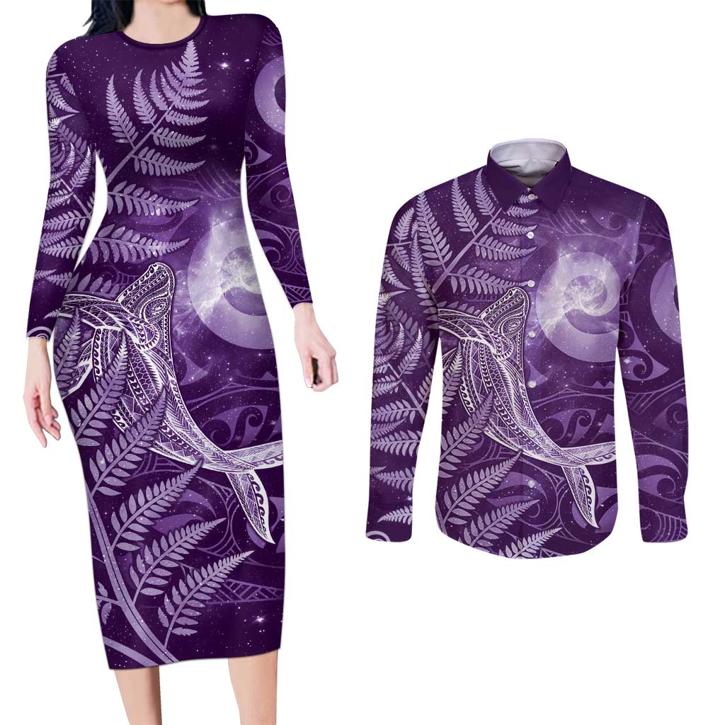 New Zealand Matariki Couples Matching Long Sleeve Bodycon Dress and Long Sleeve Button Shirt Maori Koru With Humpback Whale Purple