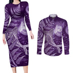 New Zealand Matariki Couples Matching Long Sleeve Bodycon Dress and Long Sleeve Button Shirt Maori Koru With Humpback Whale Purple