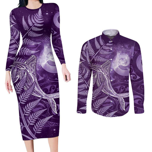 New Zealand Matariki Couples Matching Long Sleeve Bodycon Dress and Long Sleeve Button Shirt Maori Koru With Humpback Whale Purple