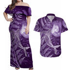 New Zealand Matariki Couples Matching Off Shoulder Maxi Dress and Hawaiian Shirt Maori Koru With Humpback Whale Purple