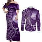 New Zealand Matariki Couples Matching Off Shoulder Maxi Dress and Long Sleeve Button Shirt Maori Koru With Humpback Whale Purple