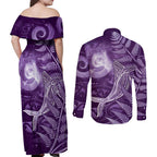 New Zealand Matariki Couples Matching Off Shoulder Maxi Dress and Long Sleeve Button Shirt Maori Koru With Humpback Whale Purple